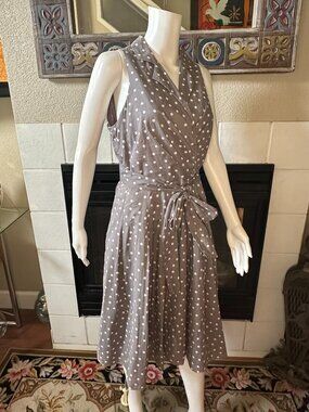 Evan Picone Gray White Polka Dot A-Line Tie Waist sleeveless Dress sz 12